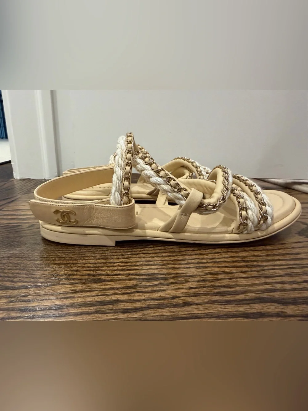 CHANEL Cream Braided & Chain Strap Sandals
